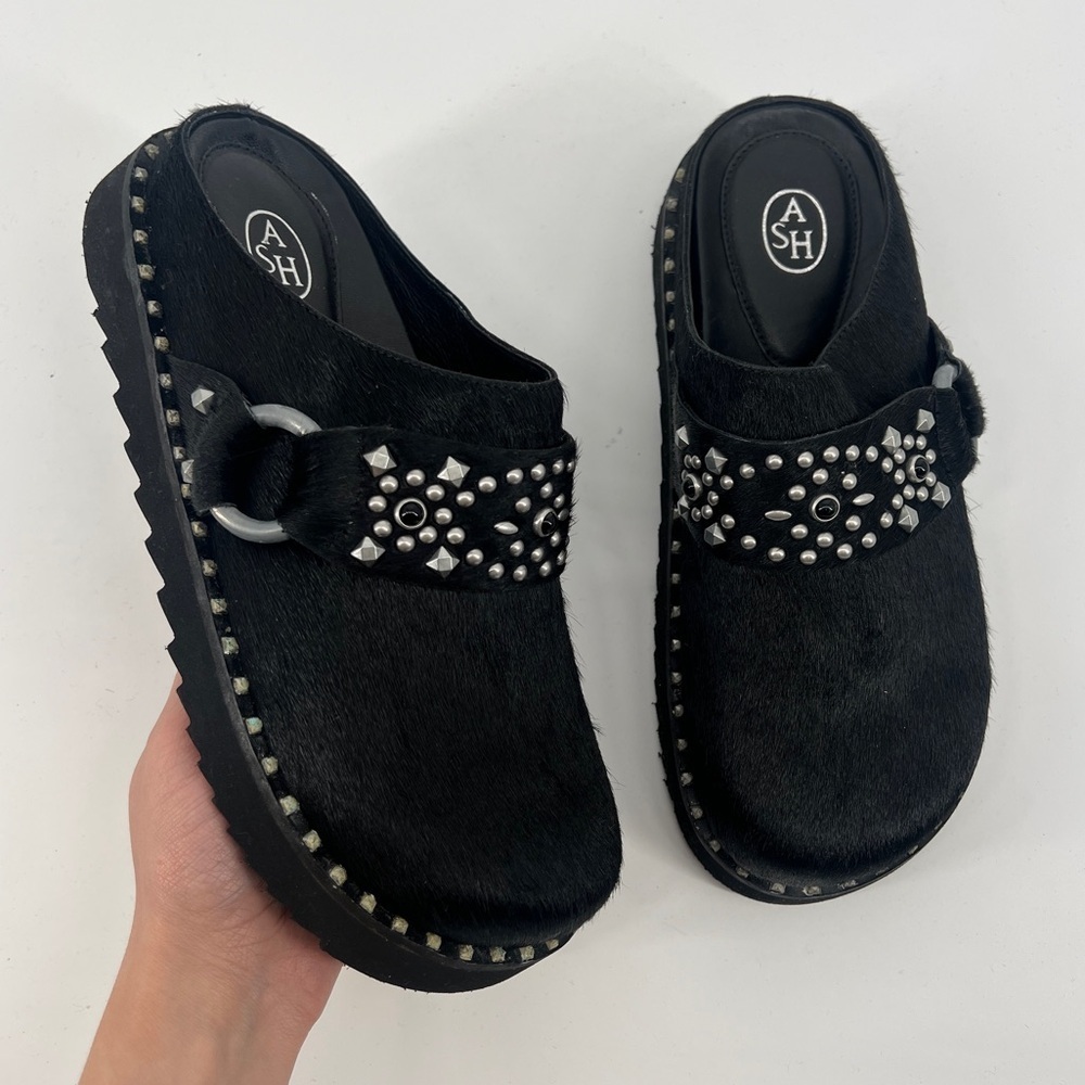 ASH Glen Flats Black Embellished Festival Calf Hair Platform Slip On Mules 40
